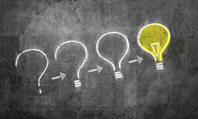 Chalkboard illustration of a question mark morphing into a lightbulb to show event planning questions turning into answers.