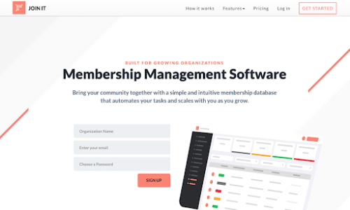 Join It homepage, with informative blurb and a sign up menu next to an image of a membership management interface. 