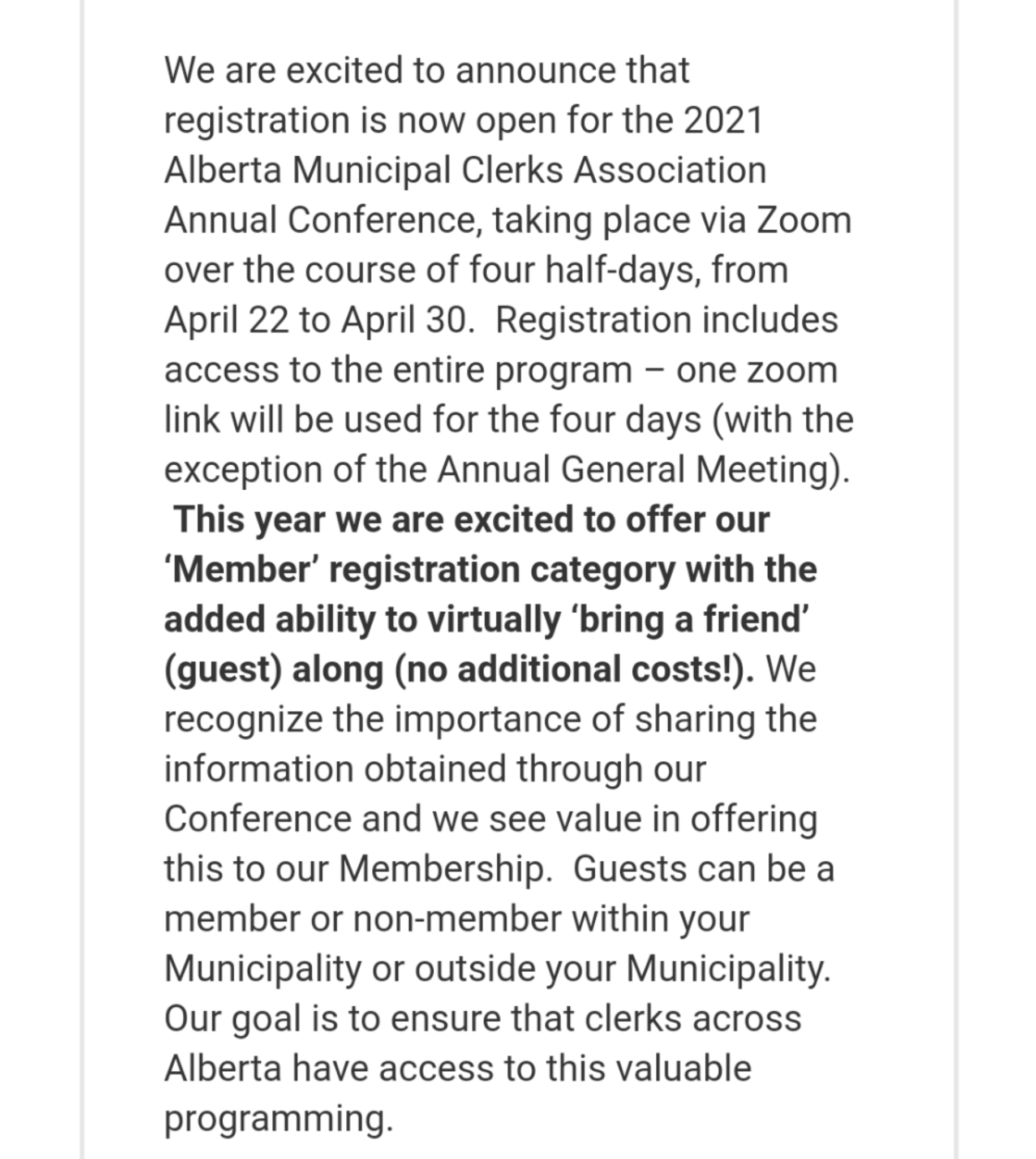 Alberta Municipal Clerks Association website post about how members can bring a guest for free to their conference. 
