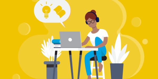 Illustration where a person sits in front of their laptop in an office. A lightbulb and book icon emerges from the computer to indicate the learning management system they're using.