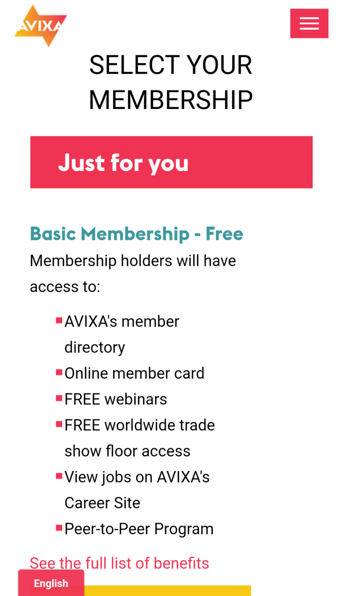 Audiovisual and Integrated Experience Association website showing the benefits of a free membership. 