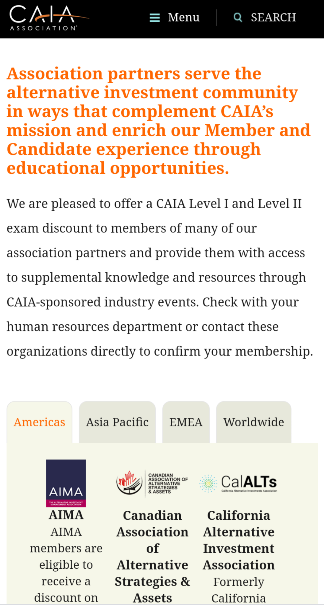 Chartered Alternative Investment Analyst Association webpage listing logos and titles of their partner organizations, with information about an exam discount for partner members. 