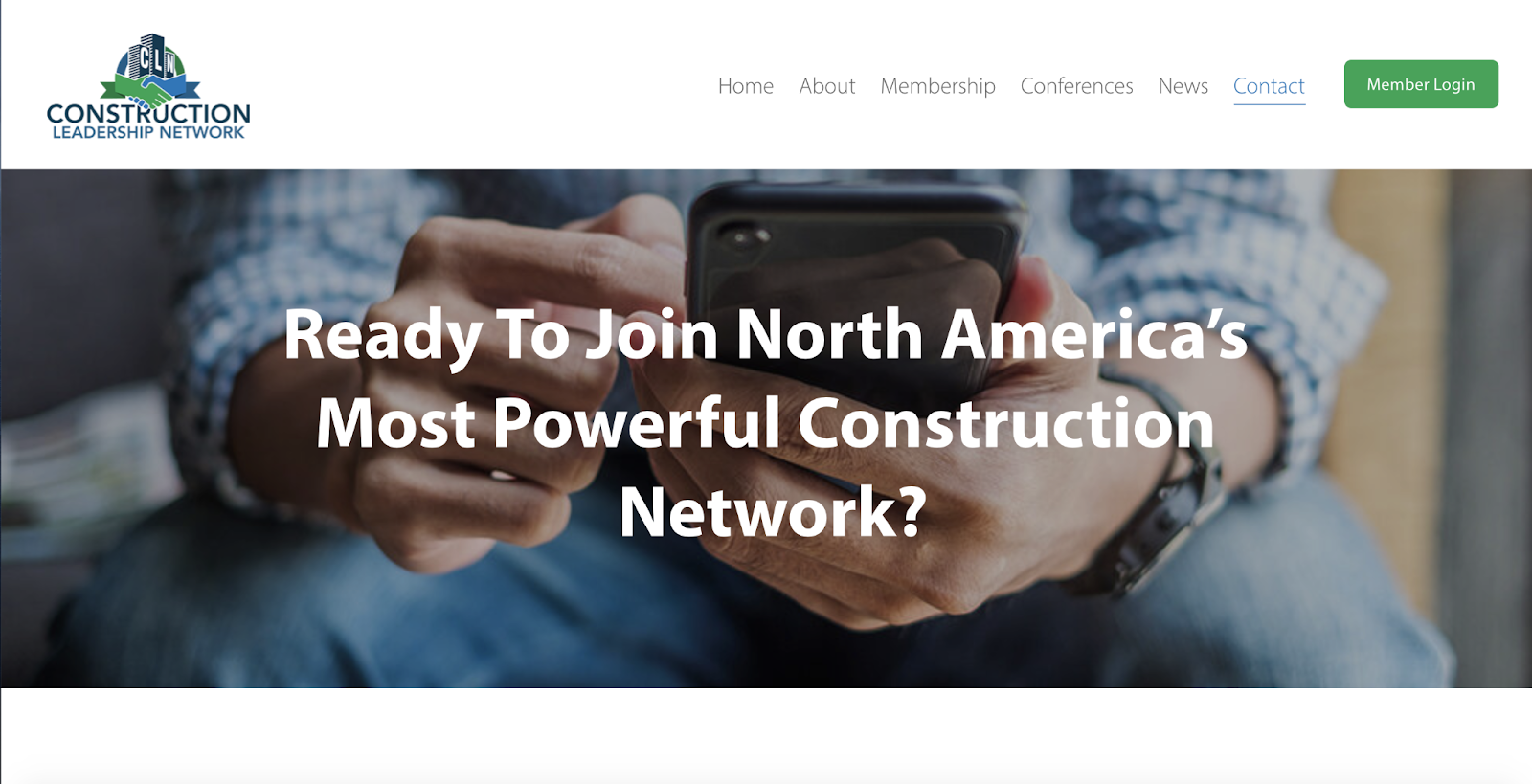 Construction Leadership Network homepage that has a "Contact" button in the top navigation, highlighted in a contrasting colour to the other menu options.