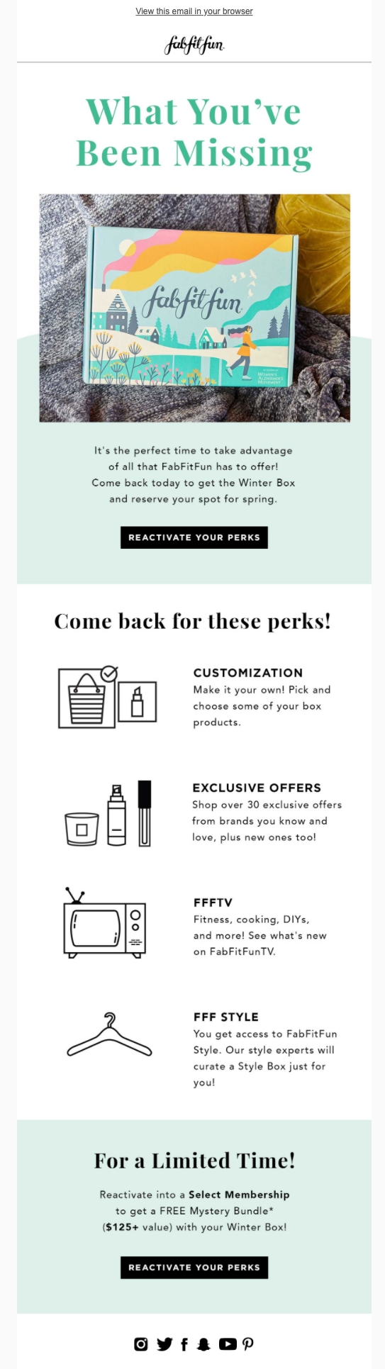 Fabfitfun email to lapsed subscribers advertising an image of the subscription box, bright graphics alongside an explanation of perks, and limited time mystery bundle upon resubscription. 