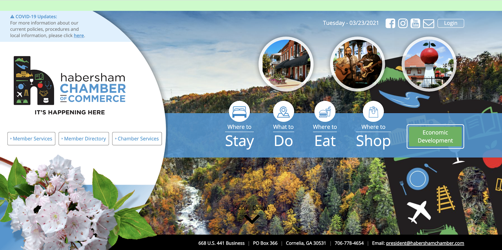 Habersham Chamber of Commerce homepage showing clearly labelled icons using keywords to aid navigation.