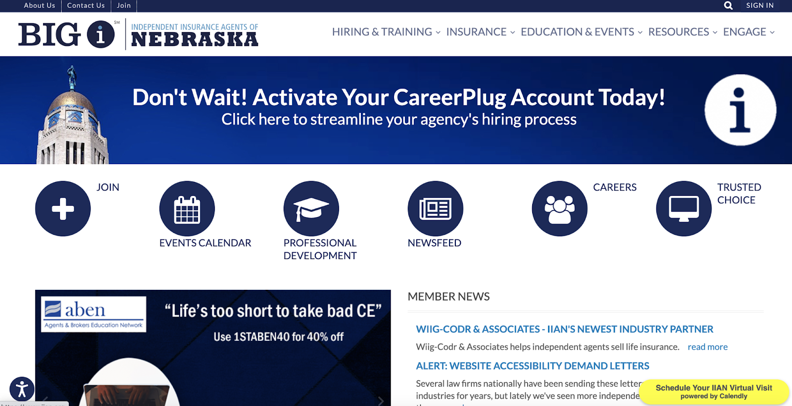 Independent Insurance Agents of Nebraska homepage that uses big icons that clearly indicate which menu item they correspond to, with the label directly next to the button.