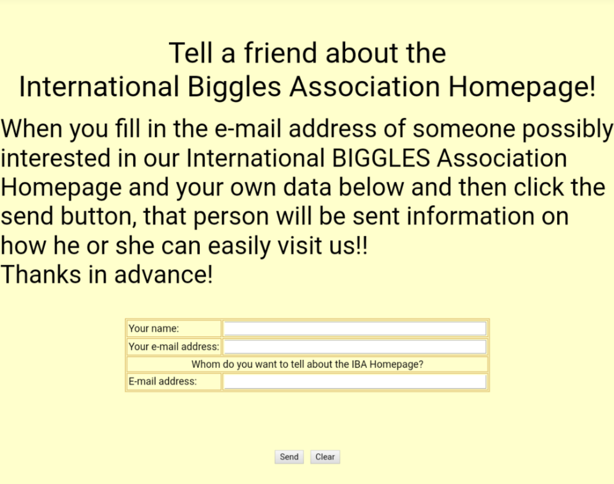International Biggles Association email notification page that allows members to input a friend's email address to notify them about the association.