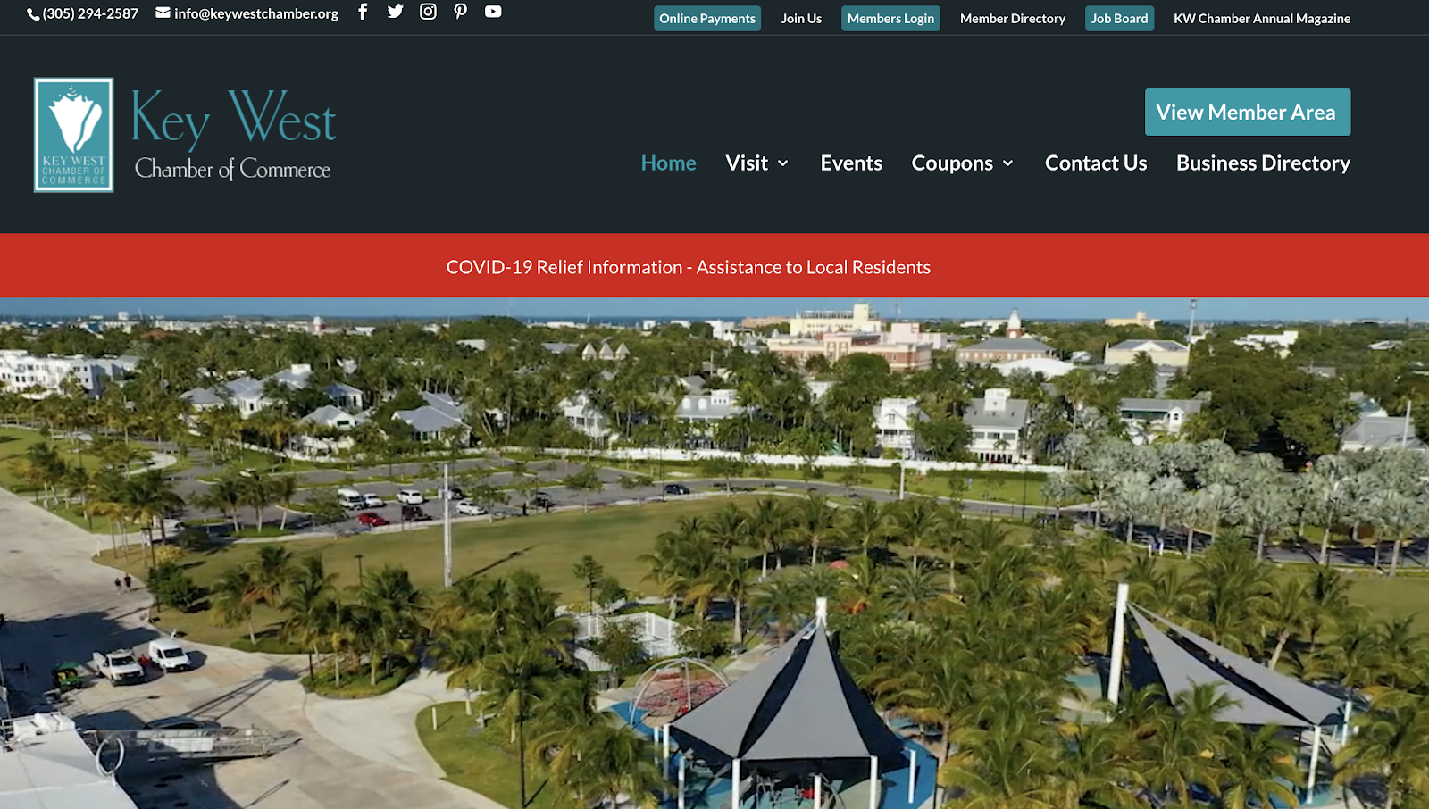 Key West Chamber of Commerce website showing a highlighted button in the top navigation labelled "View Member Area".