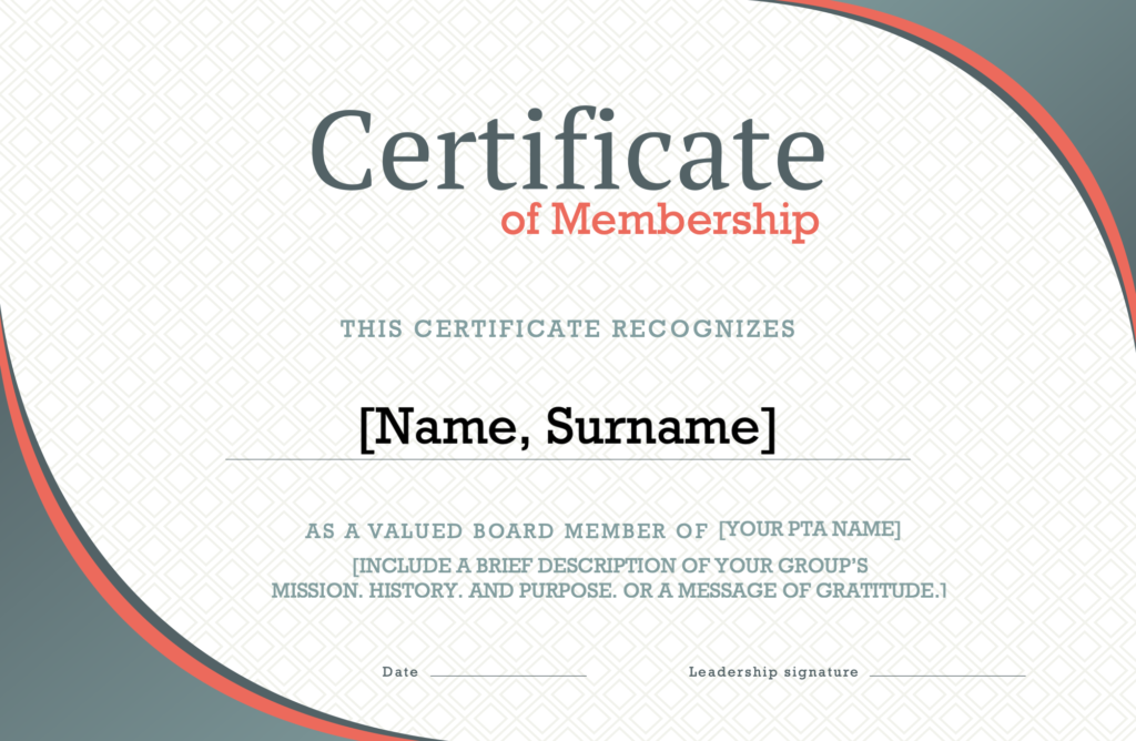 PTA membership certificate example template downloadable
