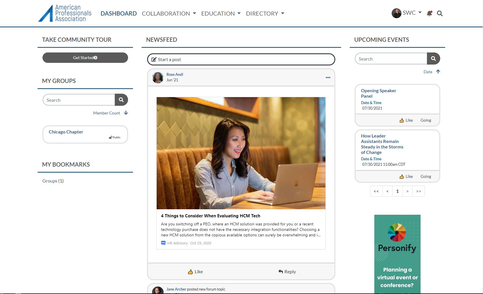 Online community landing page for the American Professionals Association, showing events and newsfeed. 
