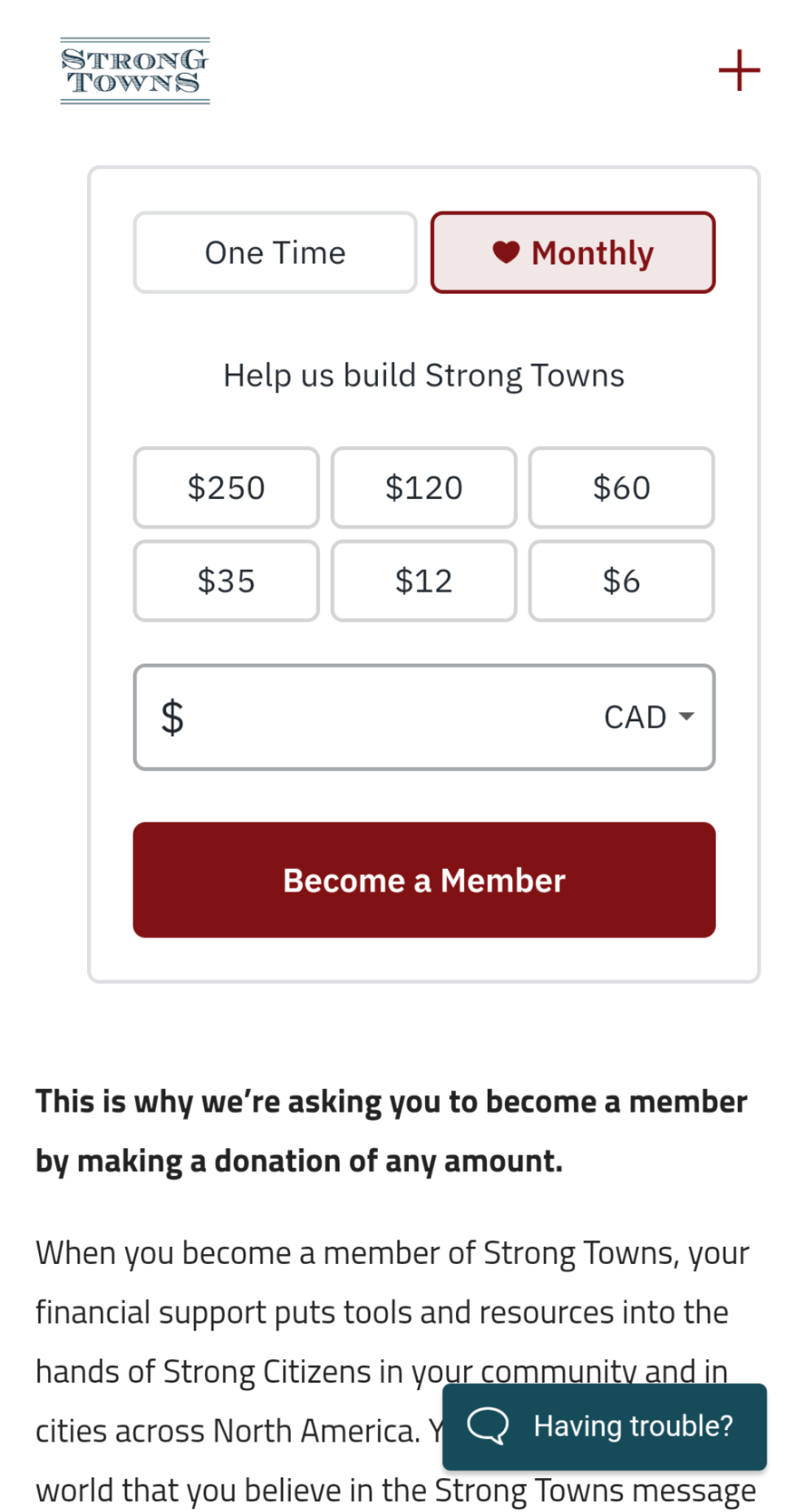 Strong Towns donation page showing choices between monetary increments of donations or a field to input a custom dollar amount to become a member.