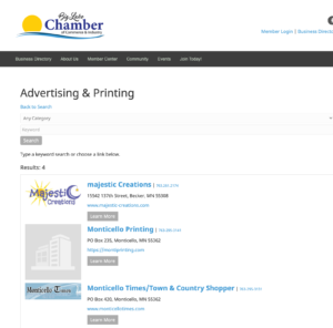 Big Lake Chamber of Commerce list of Advertising and Printing businesses including their logos, websites, addresses, and contact information. 