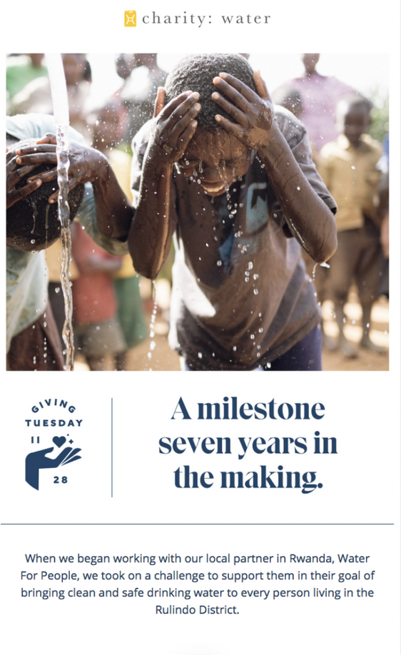 Charity Water newsletter that details the seven-year history of their work in Rwanda, including an image of a Rwandan child running their head under a stream of water.