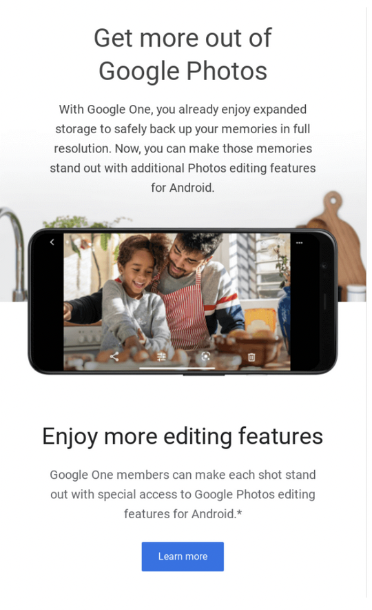 Google Photos email about how to get more out of the app, including a Learn More button and a photo of a parent and their child cooking together on the screen of an Android phone. 