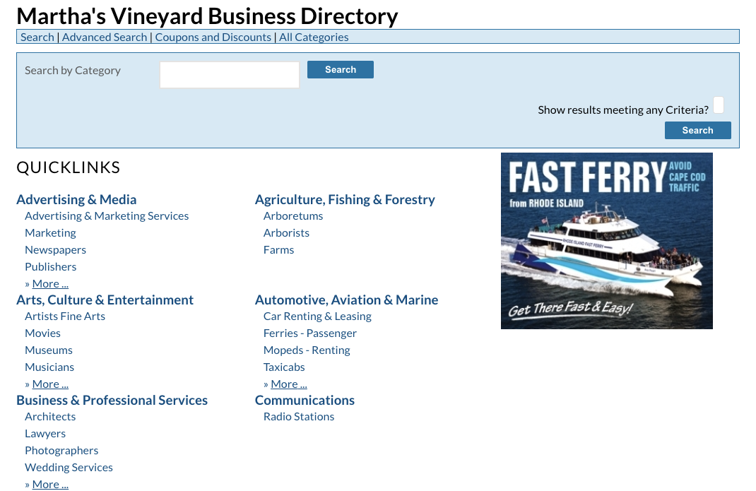 Martha's Vineyard Business Directory webpage, which is categorized by type of business and further broken down into individual business types below the larger categories.