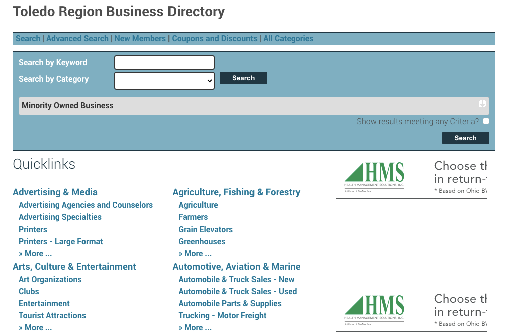 Toledo Region business directory webpage showing a similar breakdown to the Martha's Vineyard one above, but includes a "Minority Owned business" search function at the top.