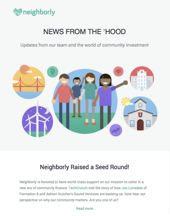 Neighborly newsletter celebrating a seed funding round, informing members of this success. 