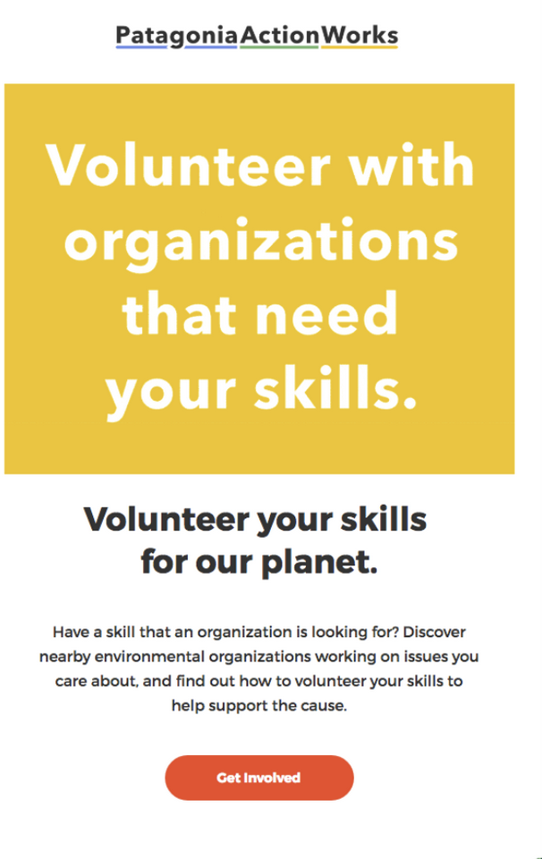 Patagonia enewsletter advertising volunteer opportunities, with a "get involved" button to support environmental causes. 