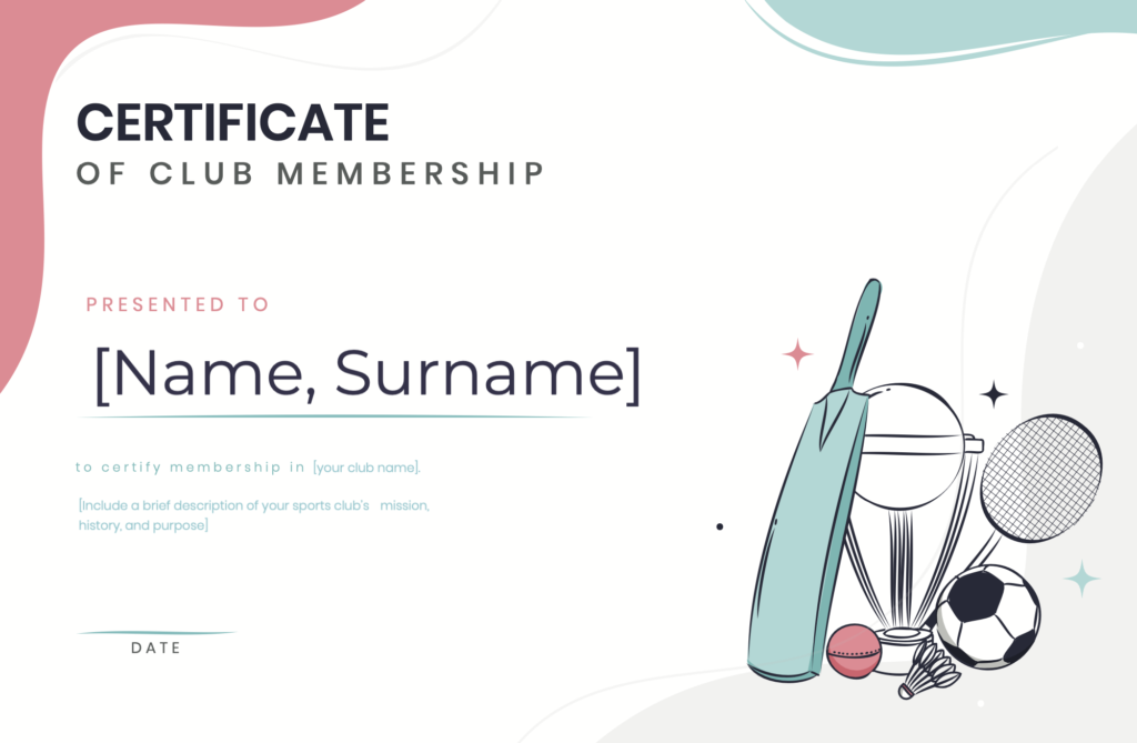Membership certificate template for a sports club