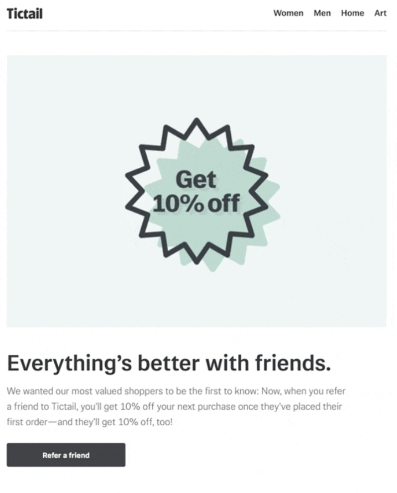 TicTail newsletter informing members of a 10% referral discount, with a button to make that referral and an icon highlighting the 10% off.
