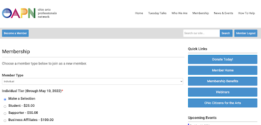 Screenshot of the membership form for OAPN