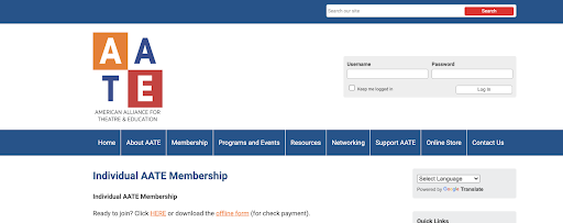 AATE membership form screenshot from their website