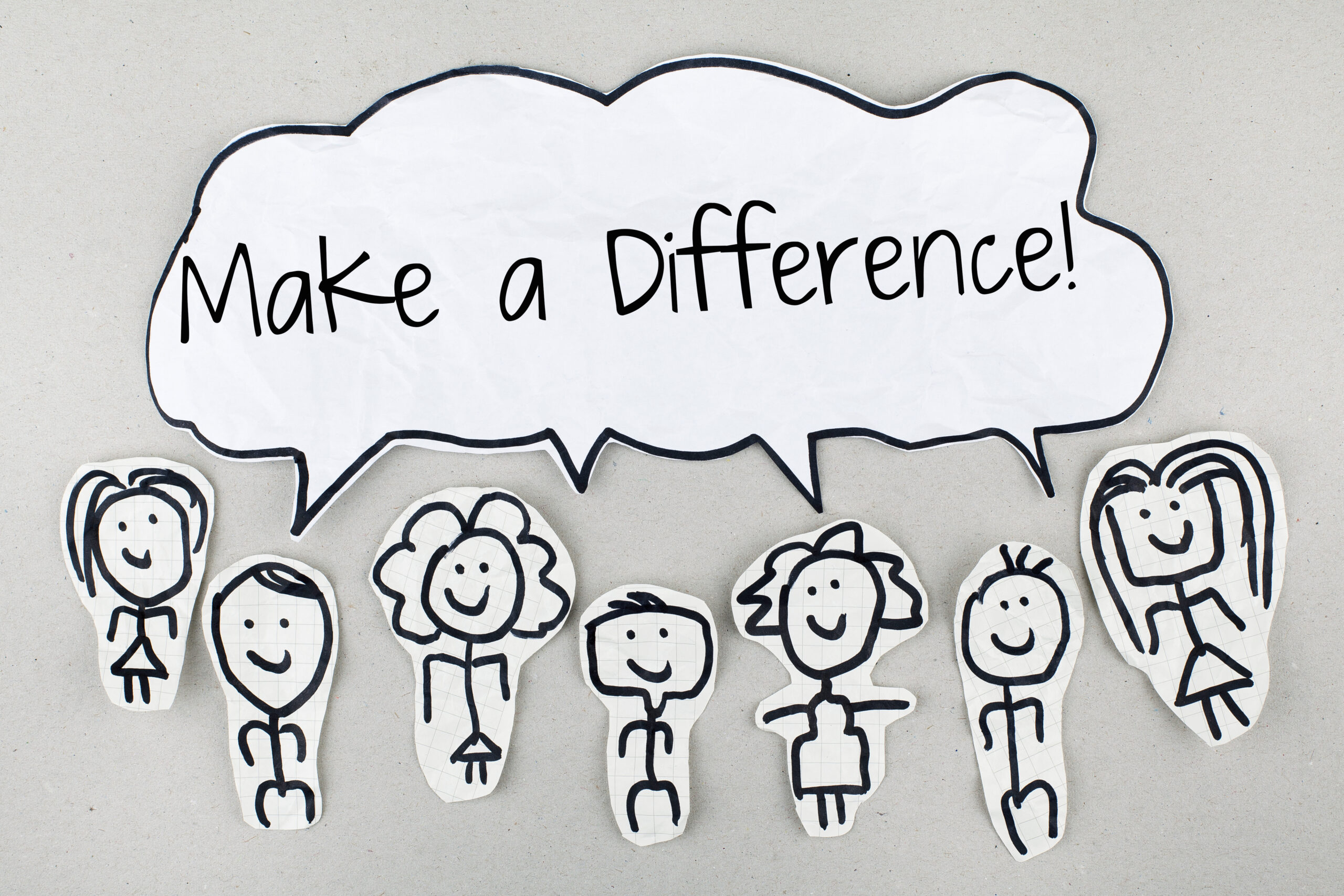Smiling stick figure volunteers recruited to help and exclaiming "Make a Difference!"