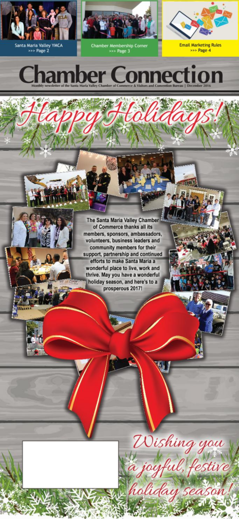 Santa Maria Chamber of Commerce's Holiday newsletter, showing a festive theme and a wreath comprised of photos over the year.
