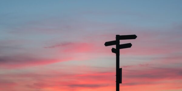 An arrow signpost with four directions in front of a sunset sky, indicating many potential member journeys.