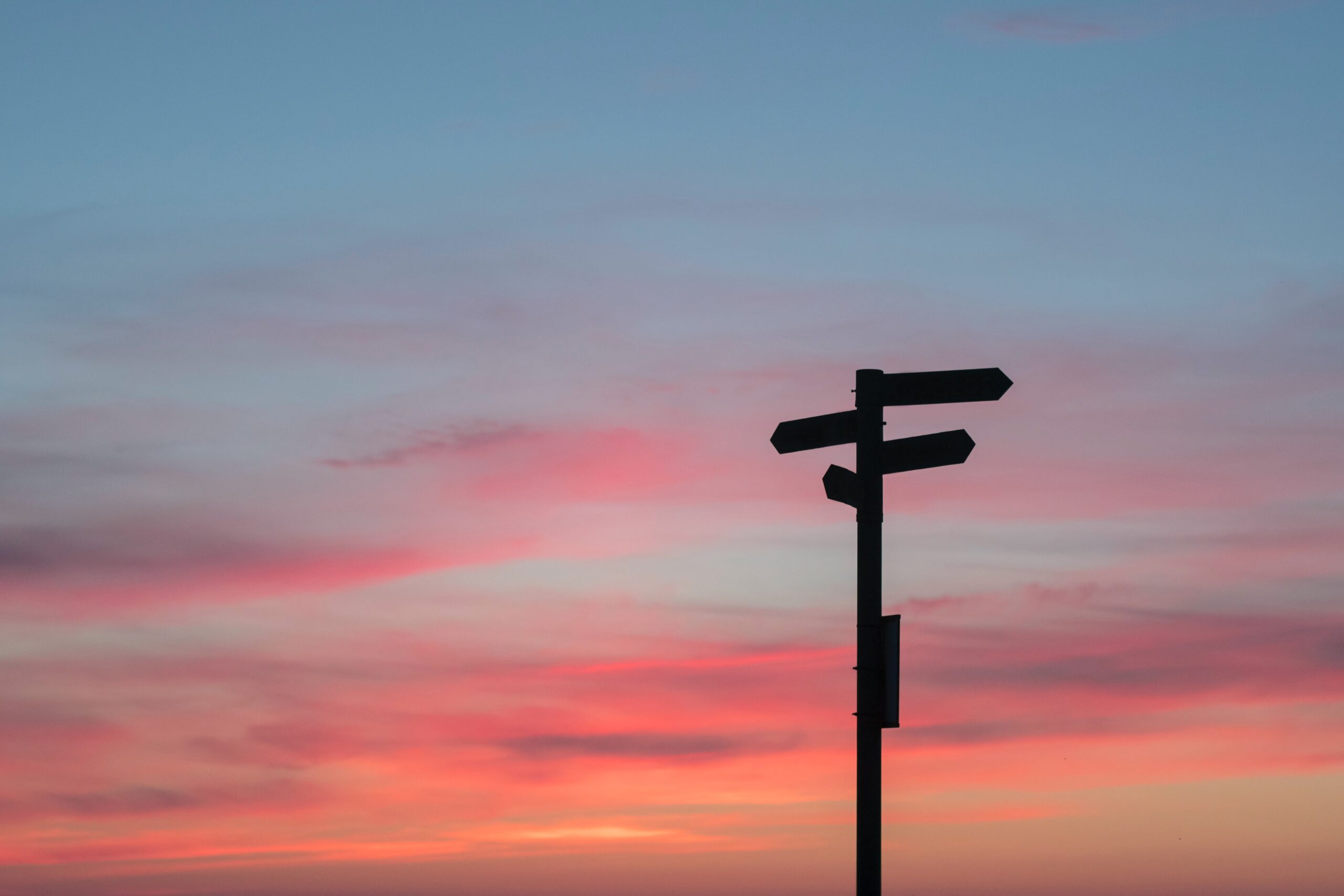 An arrow signpost with four directions in front of a sunset sky, indicating many potential member journeys.