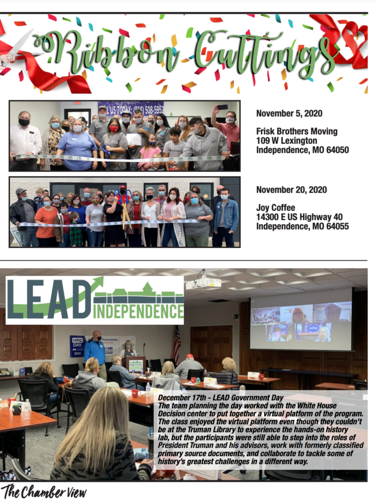 The Independence Chamber of Commerce's Ribbon Cuttings section, showing a celebratory graphic with confetti and a cut ribbon, and photos of those businesses' openings.