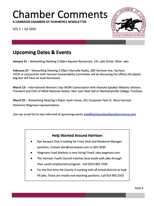Harrison Chamber of Commerce newsletter page about upcoming dates & events, with a boxed area at the bottom titled "Help wanted around Harrison," with listings and contact information. 