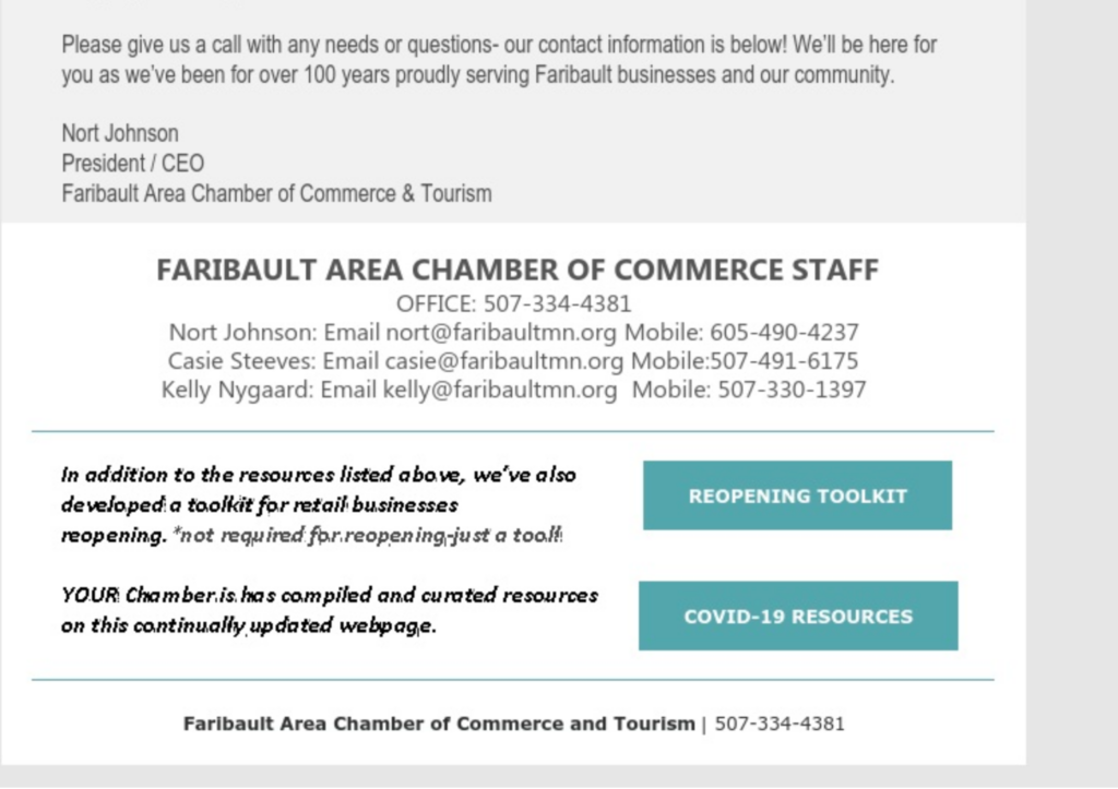 Faribault Area Chamber of Commerce contact section, providing individual staff members' emails and phone numbers as well as a COVID-19 Resources and reopening toolkit section.