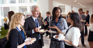 Chamber of commerce members networking at an event