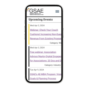 The updated 'Upcoming Events' section showcases GSAE's dynamic schedule.