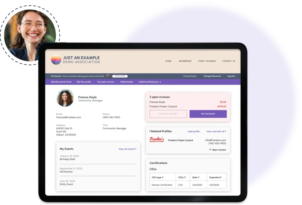 dashboard screen with an inset portrait of a smiling woman