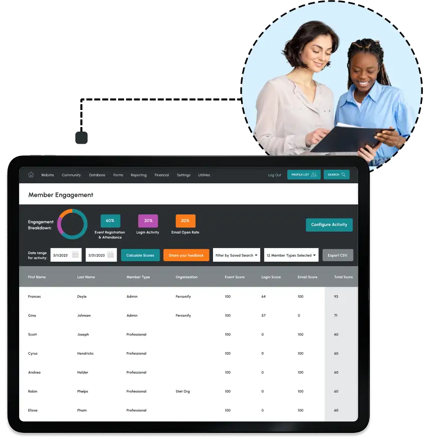 colleagues sharing a member engagement spreadsheet