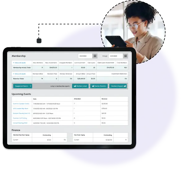 photo of a software dashboard and a professional woman browsing it