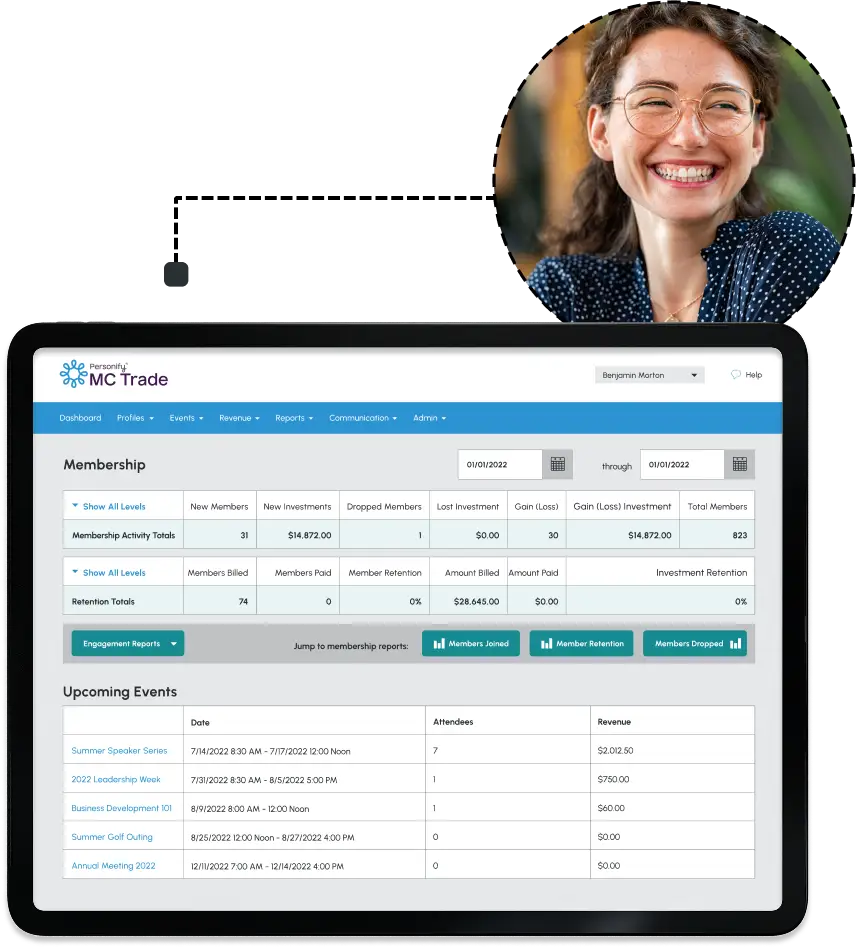portrait of woman smiling and membership screen